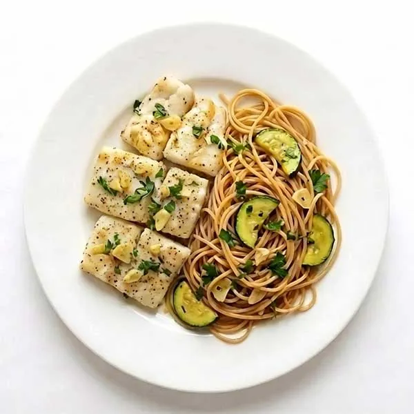 Garlic Fish Scampi with Whole Wheat Spaghetti & Zucchini
